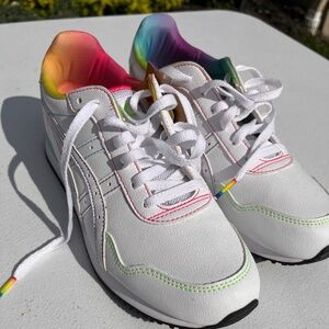 Brand new ASICS white rainbow thread shoes